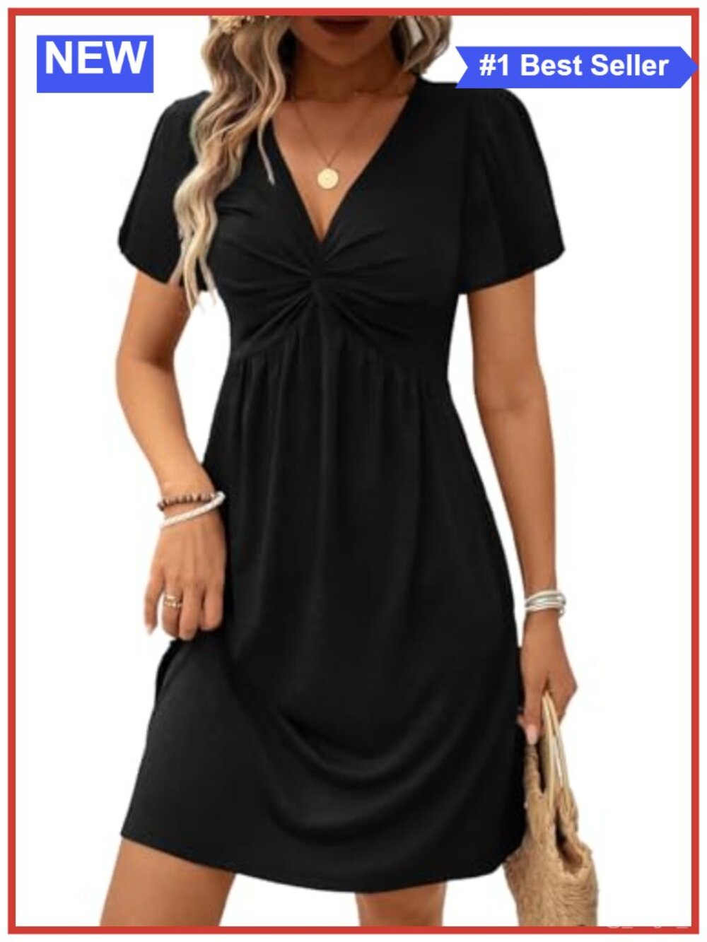 Twist Front Mini Dress V-Neck Short Sleeve A-Line Casual Summer